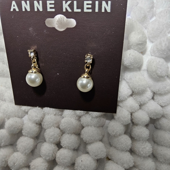 Anne Klein Gold toneand White Pearl and crystal Drop Earrings - Picture 3 of 5